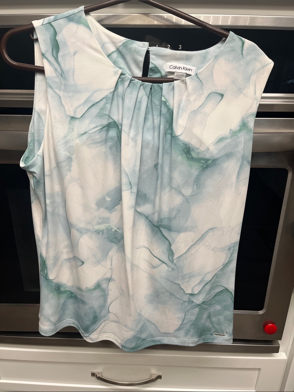 Calvin Klein White and Sage Marble-Print Sleeveless Shell